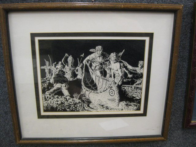 Joe Ruiz Grandee, Ink, Indian attack,: finely detailed, well listed illustrator, signed & dated 1958, image area 9" x 12"....The artist was born as a third generation Texan in Dallas during 1929. He studied at the Aunspaugh Art School in D