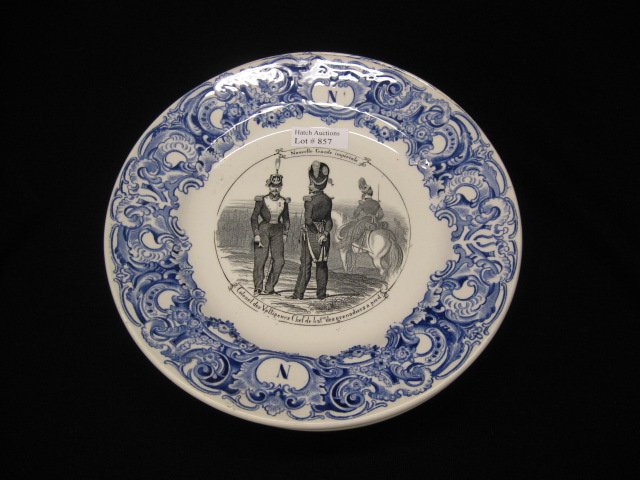 5 French Napoleonic Ironstone Plates,: various military scenes, blue trim, 19th Century, 8" diameter, excellent.