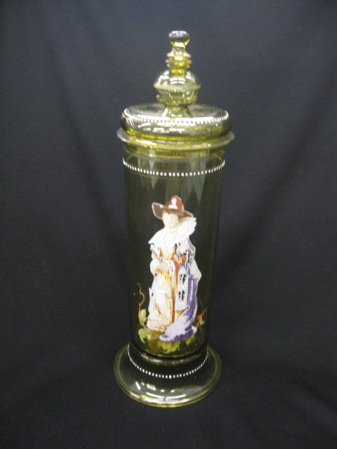 Victorian German Art Glass Covered Poktal: or jar, enameled scenes with lady of Royalty, emerald glass, 14-3/4", excellent