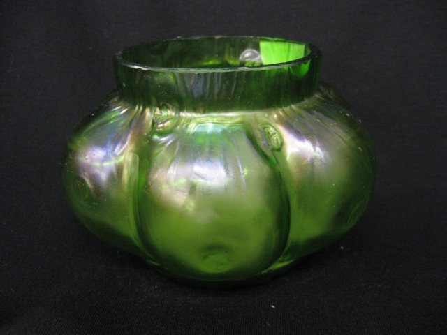 Loetz Art Glass Vase, butterfly wing texture: on green iridescent melon ribbed body, 4-1/2" tall, 6-1/2" diameter, excellent...The Loetz (or Lötz) factory was founded by Johann Baptist Eisner in 1836 in the bohemian village of Klostermühle. In