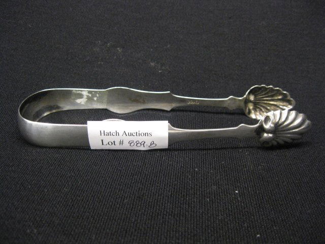 Duhme Coin Silver Tongs,: shell shape ends, 6" long, early Ohio marker, circa 1830-1850, 6", 28 grams....Duhme & Co. was started in Cincinnati, Ohio sometime in the 1840's by Herman Duhme. The top mark is believed to have been