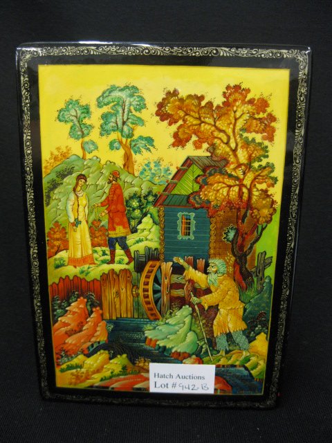 Russian Lacquer Ware Box, scene of old man: near the mill, couple in the distance, artist signed, 4-1/2" x 6-3/4", excellent