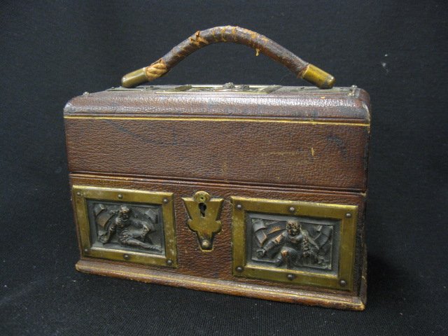 French Victorian Bronze & Leather Box,: five inset bronze panels with figures, locking, linged top, a trio of compartments inside, 5" x 6"