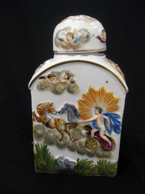 Capodimonte Porcelain Tea Caddy, with nudes,: cherubs & more, 18th century example made for Spanish market, 4-1/2", excellent...The origin of Capodimonte porcelain dates back to the early eighteenth century and geographically to the Kingdom of Na