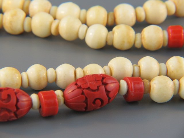 Ivory & Cinnabar Necklace,: 32" long.