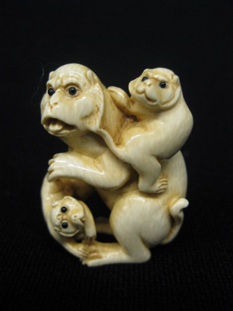 Carved Ivory Netsuke of a Monkey Family,: signed, 1 3/4".