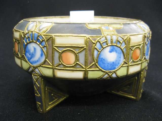 Nippon Handpainted Porcelain Bowl,: deco geometric & medallion designs, gold trim, 7" diameter, signed.. Antique Nippon porcelain, as this china was called during the period from the 1890's through the early 1920's, denoted country of o