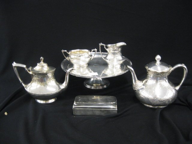 6 pcs. Silverplate, includes box, cake stand,: Victorian teapot abd deco creamer, sugar & teapot