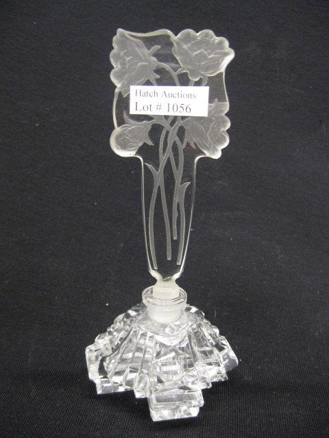 Czechoslovakian Art Glass Perfume Bottle,: intaglio cut floral stopper, cut crystal base, deco, 6-1/2", excellent