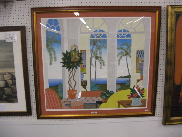 Thomas McKnight, Giclee on Paper, Patio: overlooking the water, image area 40" x 35", well listed artist...The worldwide appeal of Thomas McKnight's prints, paintings, and posters place him in an elite group of contemporary artists whose wor