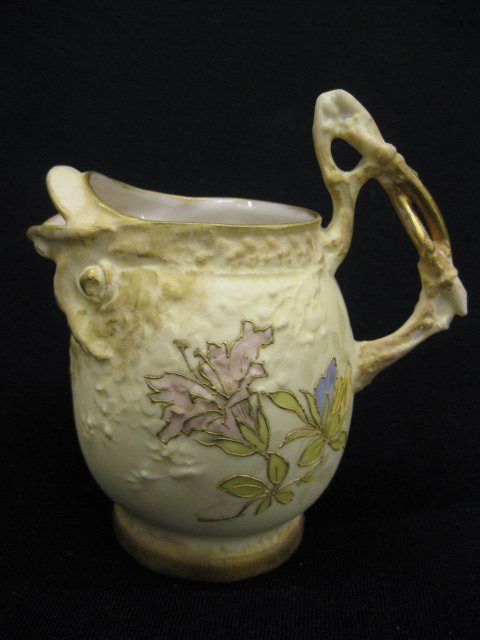 Teplitz Amphora Porcelain Creamer,: R. St. K. mark, fish mouth spout, enameled floral, 5", excellent..Much of the collector interest in European ceramics from the early 20th century has been focused on western European countries, but a