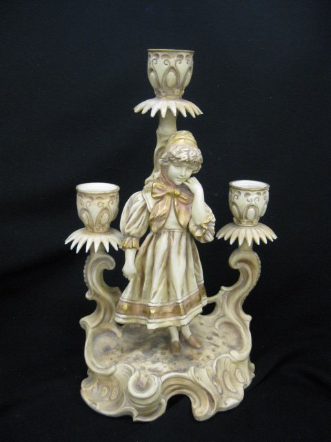 Austrian Figural Porcelain Candelabra: with young girl, triple sconce, circa 1890, 12" tall