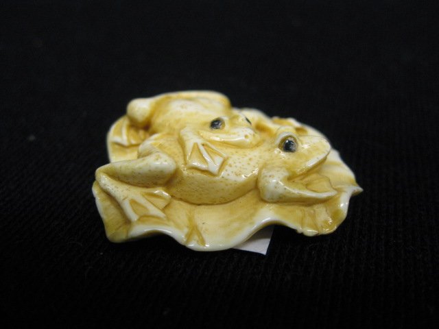 Carved Ivory Netsuke of Two Frogs: on a lily pad, signed, 1 1/8" diameter.
