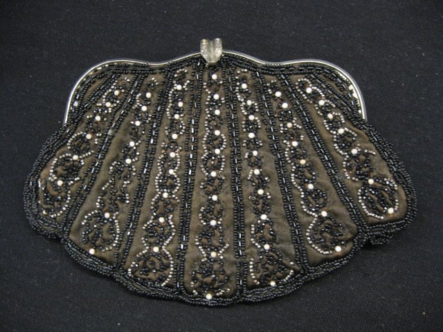 Vintage Beaded Clutch Purse,: black with silver, black and white beadwork, 5" X 8".
