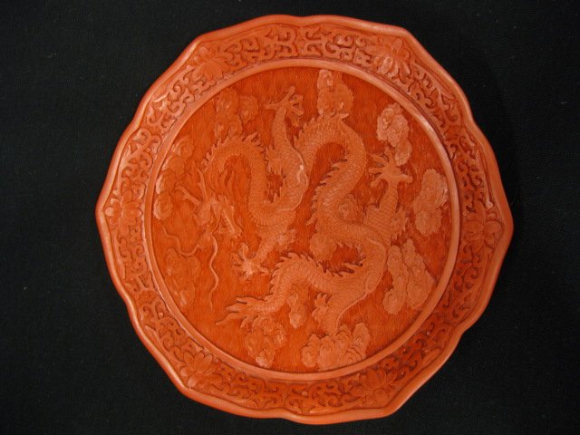 Chinese Carved Cinnabar Plate, dragon: decor, 8", excellent