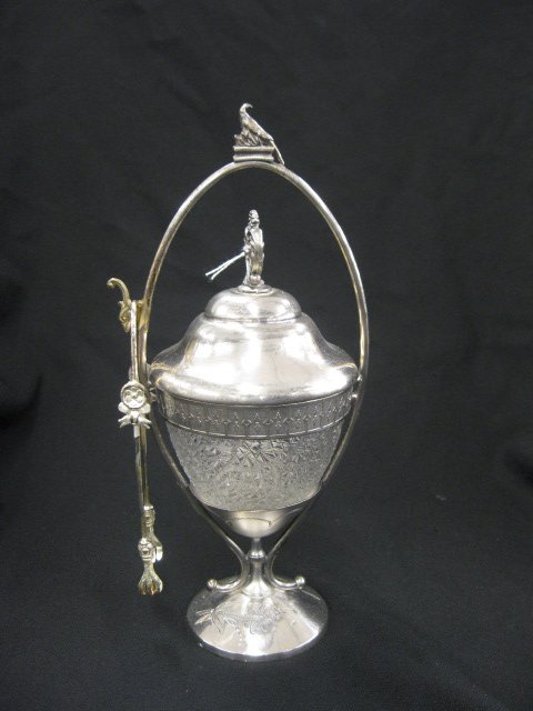 Victorian Silverplate Pickle Castor,: snowflake pattern clear insert, with tongs, circa 1890, signed Meriden.