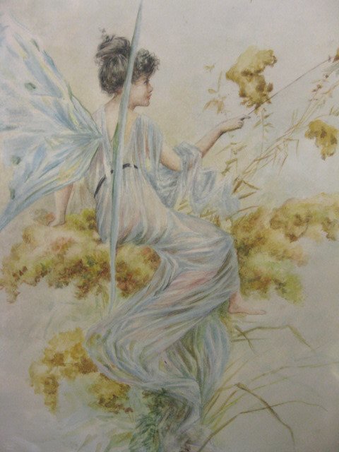 Art Nouveau Watercolor of Nymph: at rest of flowers, playing with a bee, image area 9" x 14", circa 1890.