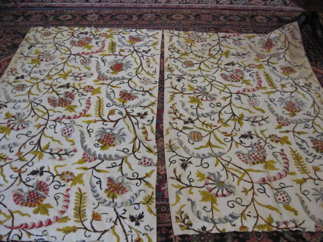 2 Crewell Work Panels of Curtains,: 48" X 75"