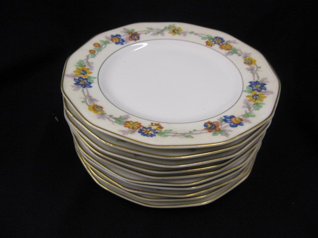 10 Theodore Haviland Porcelain Plates: "Miami" pattern, flowering vine, gold rim, 8 1/2", excellent.