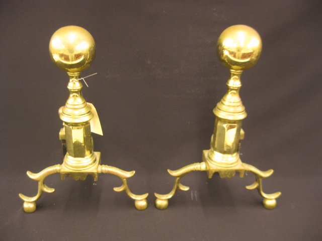 Brass Andirons,: cannonball tops, 18".