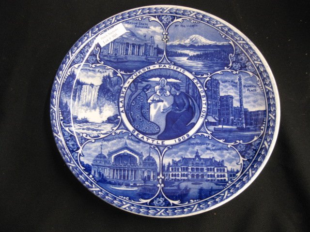 1909 Alaska-Yukon Exposition Plate,: blue ironstone by Rowland & Marsellus, 10", excellent.