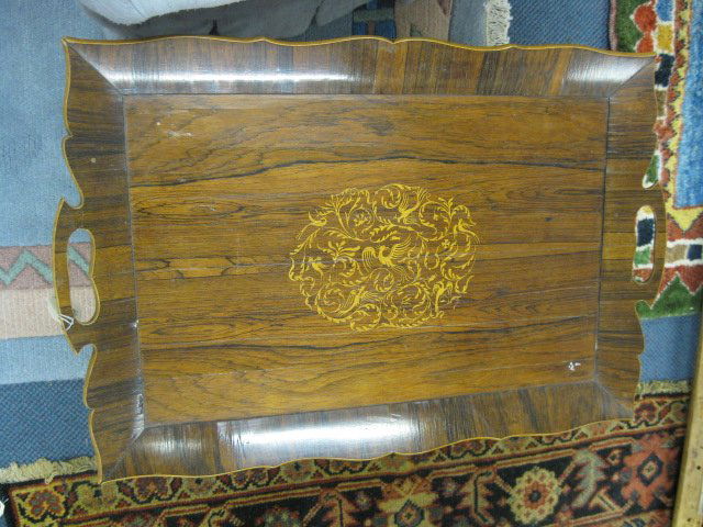 Rosewood Tea Table,: fancy inlay, tray style top.
