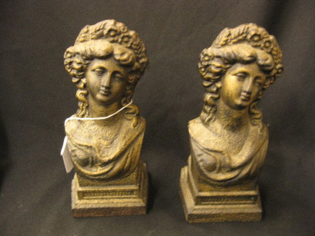 Victorian Cast Iron Figural Andirons: or end caps, bust of lady, 8".