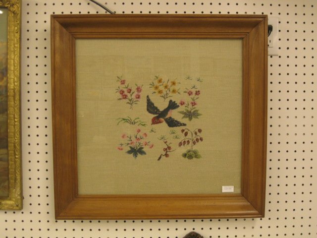 Framed Needlepoint of Bird & Flowers,: 18" square.