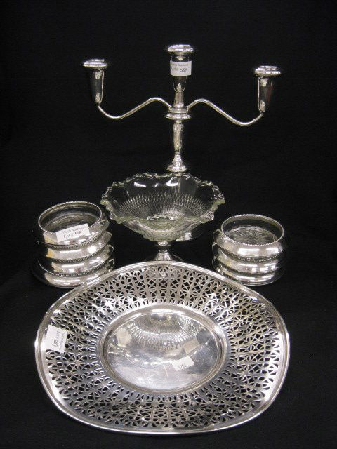 Sterling Silver Estate Lot;: 10" dessert tray (230 grams), plus three light candelabra, weighted compote and 7 coasters.