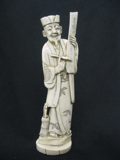 Chinese Carved Ivory Figurine of Man: with calligraphy brush & scroll, 7 1/4", signed, excellent.