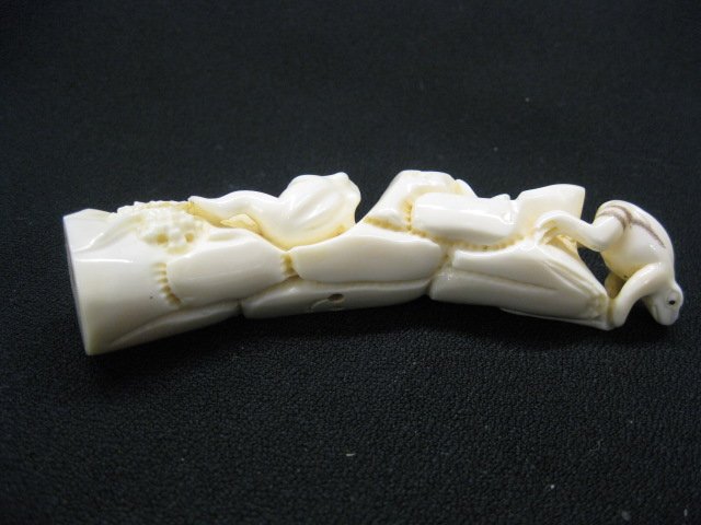 Carved Hippo Ivory Figurine,: trio of frogs on a tree trunk, 4 1/2" signed, excellent.