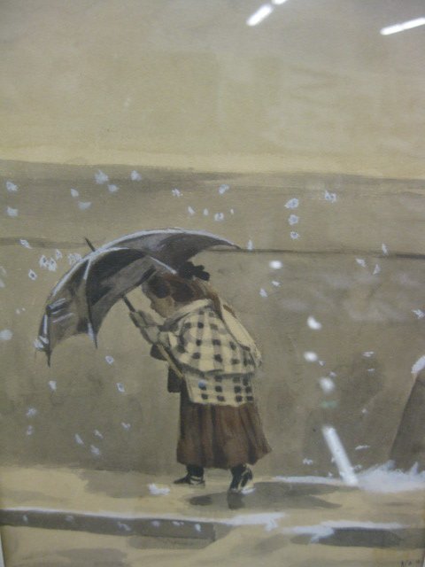 1881 Watercolor, young girl strolling along: on a snowy day, stamp on back of G. horisberger, Geneve, image area 8 1/2" X 6 1/2", dated Sept. 19, 1881.