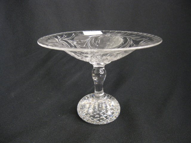 Pairpoint Engraved Crystal Compote,: elaborate floral, controlled bubble base, 7" diameter, 5" tall, excellent... For well over a century, cabinets and tables in America’s most elegant homes have been graced with precious vases, dishes
