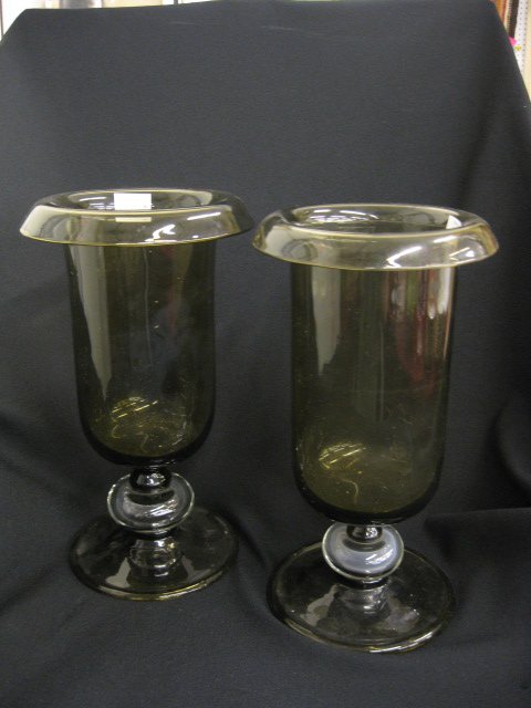 Pair of Art Glass Vases,: olive green with clear circle in pedestal base, 12 1/2", attributed to pairpoint.