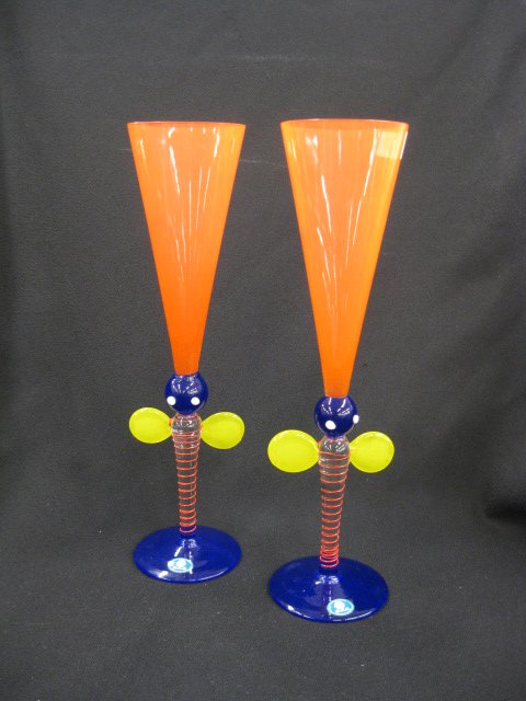 Pair of Barovier & Toso Art Glass Tall Champagnes: original labels Memphis School style, 12", original labels, excellent.
