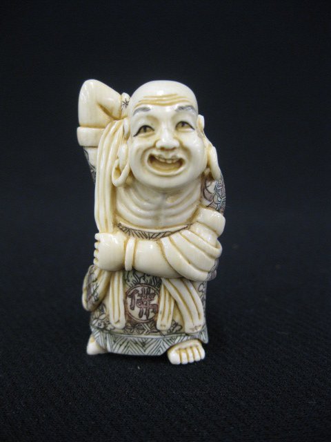 Carved Ivory Netsuke of a Buddha,: fine polychrome, signed, 2".