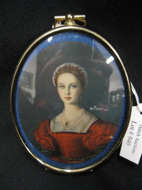 Miniature Image on Celluloid of Young Lady,: oval, image area 3" x 3 1/2", signed.