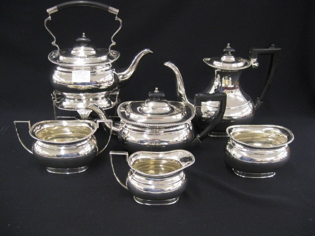 English Silverplate "Kentshire" Silverplate: Tea & Coffee Service, Sheffield, includes hot water kettle on stand, teapot, coffeepot, creamer, sugar & waste.