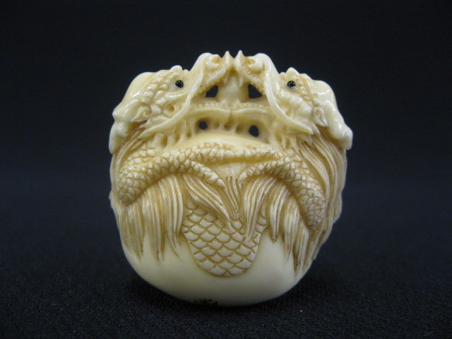 Carved Ivory Netsuke of Two Dragons,: fine, signed, 1 1/2".