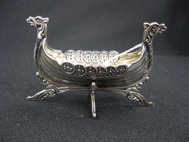 Norway Silver Figural Viking Ship Salt Cellar,: .830 fine, 3 1/4" long, with spoon.