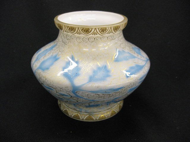 Victorian Art Glass Vase,: blue leaf on white cased, blue leaves, 4", elaborate gold work, excellent.