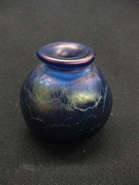 Mark Peiser Art Glass Cabinet Vase,: blue iridescent, signed & dated 1968, 2 1/2", listed artist. Since 1967 when Mark Peiser became involved with the Studio Glass Movement he has been recognized for his uniquely individualized approache