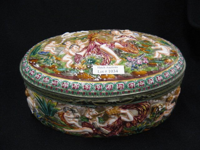 Large Capodimonte Porcelain Dresser Box,: oval, cherubs & maiden decor, bas-relief, 7" x 10", circa 1900.