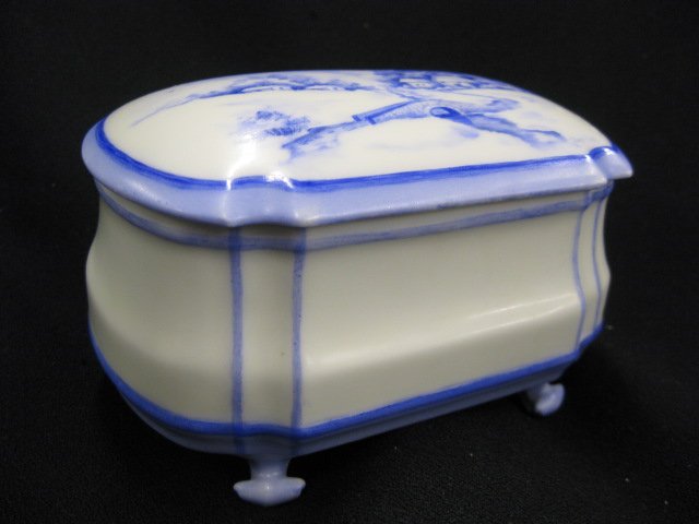 Limoges Handpainted Porcelain Dresser Box,: winter landscape with village & stream, 3 1/2" x 5 1/4", footed, excellent.