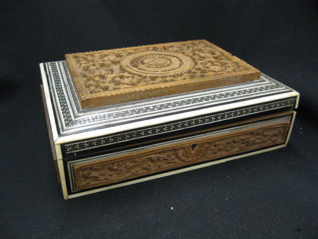 Carved & Inlaid Wooden Box,: bone & abalone trim, 6 1/2" x 9 1/2", fine detail.