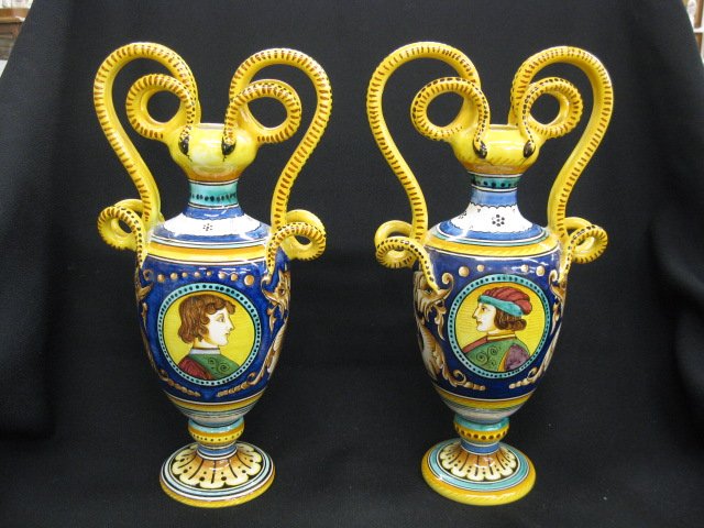 Pair of Deruta Italian Faience Pottery Vases,: elaborate snake handles, cameo medallions of young men, serpents around, 12", excellent. Deruta Ceramics are a type of enamelled ceramics produced in the Italian town of Deruta. [edit]Overview Deruta
