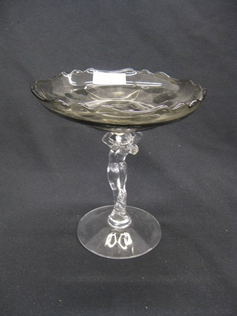 Cambridge Figural Nude Glass Compote,: smoke bowl, clear figural stem, 7", excellent.