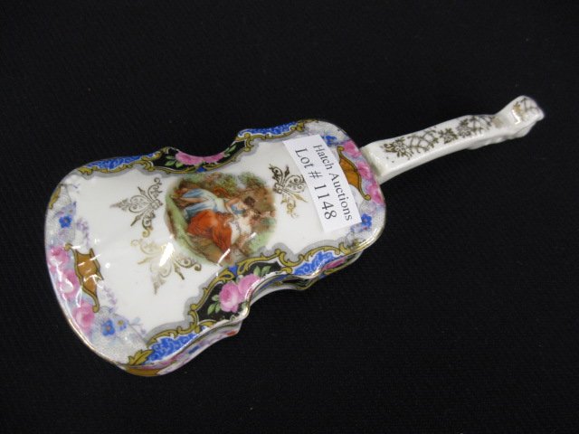 Figural Violin Porcelain Dresser Box,: maidens in the garden, 6 1/2" long, beehive mark, excellent.