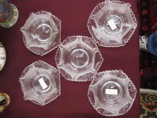 5 Stevens & Williams Finger Bowls,: and underplates, ruffled, 6" diameter, circa 1890's, threaded decor, excellent.