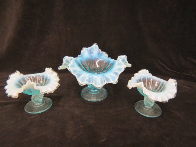 3 pc. Blue Opalescent Glass Console Set,: footed 9" centerpiece bowl and pair of 5" candleholders, excellent.